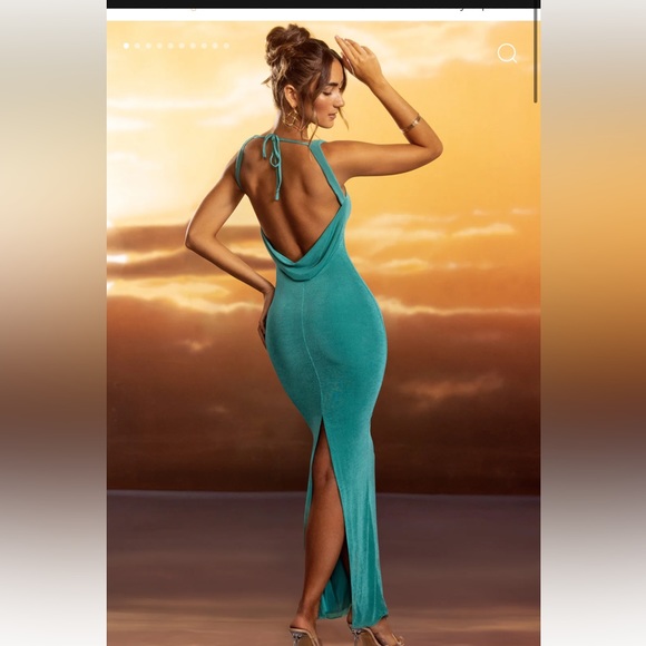 Oh Polly Vita - Textured Jersey Square Neck Cowl Back Maxi Dress in Teal, UK6US2 - Picture 1 of 9